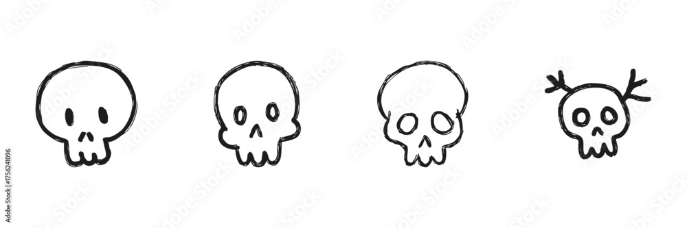 Fototapeta premium Skull Variations Line Icon Set In Doodle Style. Halloween, Danger, And Mortality Symbols Outline Sketch Collection. Spooky And Decorative Elements. Hand Drawn Isolated Vector Illustration