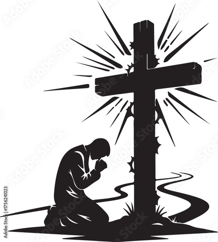 Kneeling Man Praying at Crown of Thorns Cross Christian Faith & Devotion
