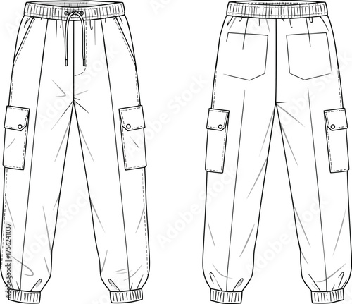 Cargo pants technical flat sketch, jogger trousers CAD drawing, fashion design vector template, front and back view apparel illustration
