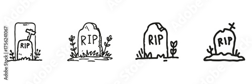 Tombstone And Rip Line Icon Set In Doodle Style. Memorial, Mourning, And Graveyard Symbols Outline Sketch Collection. Halloween And Funeral Themes. Hand Drawn Isolated Vector Illustration