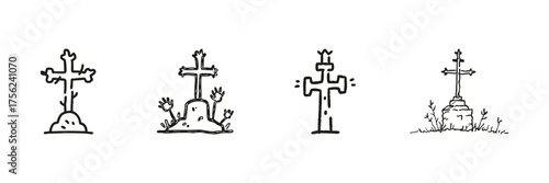 Gravestone And Cross Line Icon Set In Doodle Style. Halloween, Cemetery, And Spooky Graveyard Theme Outline Sketch Collection. Hand Drawn Isolated Vector Illustration