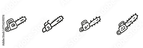 Chainsaw Line Icon Set In Doodle Style. Woodcutting, Forestry, And Logging Equipment Outline Sketch Collection. Hand Drawn Isolated Vector Illustration