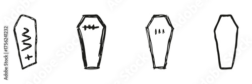 Coffin Line Icon Set In Doodle Style. Funeral, Death, And Burial Symbolism Outline Sketch Collection. Halloween And Gothic Theme. Hand Drawn Isolated Vector Illustration