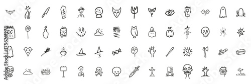 Halloween Doodle Icon Set In Sketch Style. Spooky Symbols, Ghosts, Pumpkins, And Witches Outline Collection. Perfect For Halloween Decorations And Designs. Hand Drawn Isolated Vector Illustration