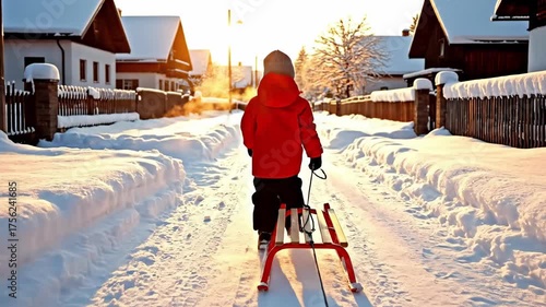 Child in red jacket pulling sled through snow-covered street at sunset