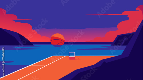 Basketball court by the sea at sunset time