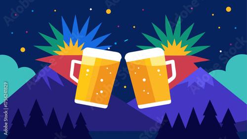 Two beer mugs cheers in a mountain scene