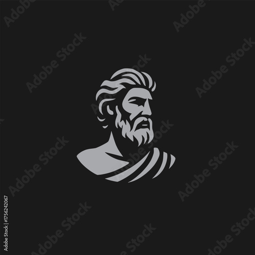 Vector illustration of an ancient Greek philosopher or god bust. A powerful and wise masculine profile logo for history or education