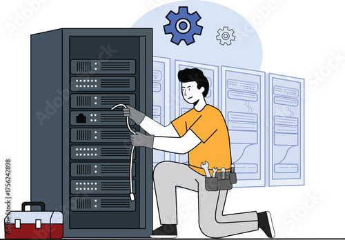 server IT Technician Working on Data Server Rack – Network Maintenance and System Configuration Illustration