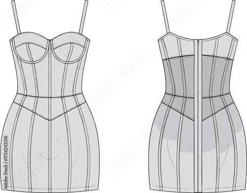 Corset bodycon dress fashion technical flat, bustier mini dress CAD template front and back view, garment vector illustration drawing