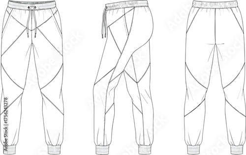 Jogger pants fashion technical flat, sweatpants CAD template with curved panel seams, front side back view, vector garment illustration