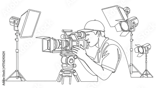 Black Line Drawing of Cinematographer Operating Camera on Tripod with Studio Lights – Symbol of Visual Creativity and Technical Mastery in Filmmaking