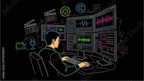 High-Quality Colorful Continuous Black Line Art of Video Editor at Computer with Timelines and Multiple Screens – Post-Production and Digital Film Editing Cinematography Icons