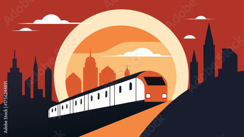Train approaching city at sunset vector