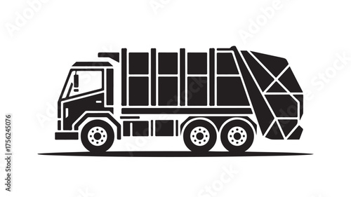 Bold black silhouette of a modern garbage truck ready for efficient waste management and municipal services, perfect for urban sanitation concepts.