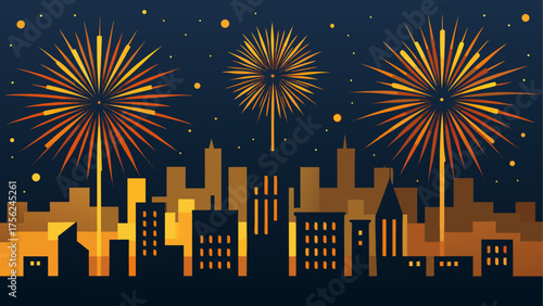 Fireworks over a city skyline at night time