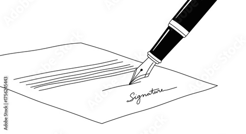 Fountain Pen Signing a Document with Signature.