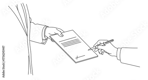 Line art illustration of a hand signing a business document.