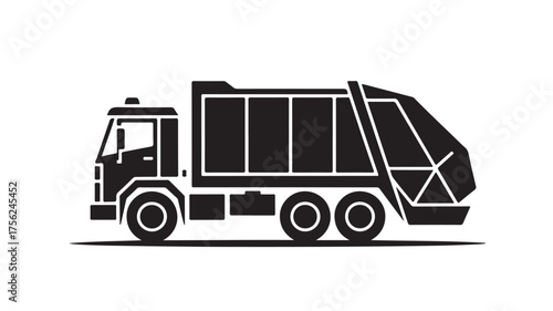 Sleek black silhouette of a modern garbage truck ready for efficient waste collection and urban cleanup operations, symbolizing essential municipal services and environmental responsibility.