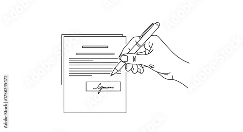Hand signing a document with a pen, line art illustration.