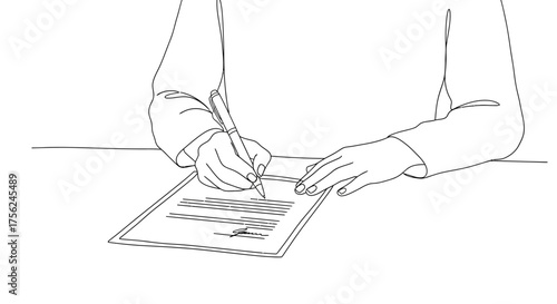 Person signing document with pen on desk close up view.