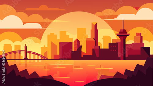 Silhouette cityscape under a sunset glow
