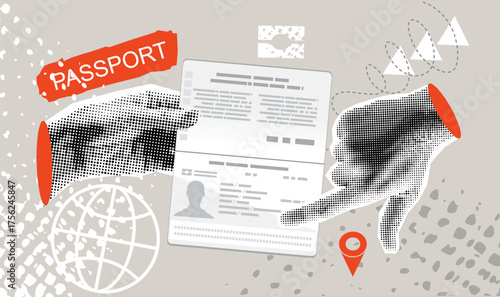 Modern collage with halftone hand holding passport. Travel and tourism concept. Document control
