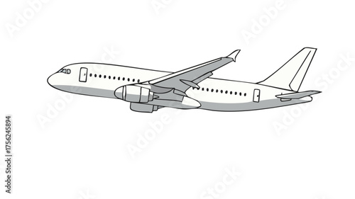 A detailed illustration of a commercial airplane in flight, showcasing its wings, engines, and fuselage against a white background.
