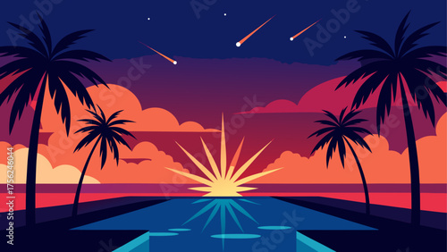 Sunset scene with palm trees and comets