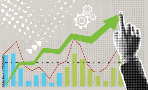 Data analytics concept. Halftone hand draws sales graph. Modern collage design. Pop art. Growth сhart. Successful business performance. Financial success. Business data graph. Achieving high results
