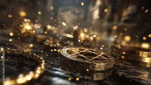 Golden symbols rest on a table, surrounded by golden sparks in motion. The golden table reflects light from the golden symbols. Decorative patterns enhance the golden artifacts.