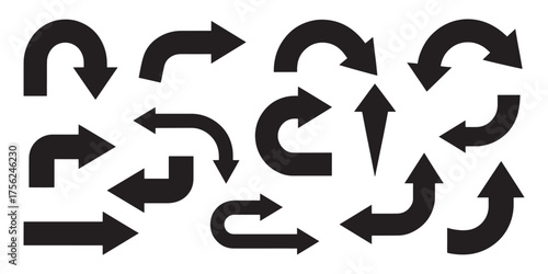 Collection of black arrows showing directional movement and navigation in various shapes and styles