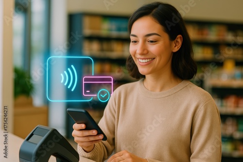 Mobile payment action retail store digital transaction indoor environment user-centric viewpoint modern banking concept