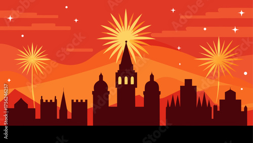 City skyline with fireworks at twilight