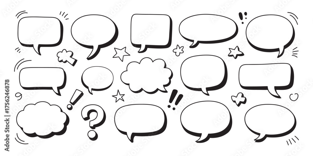 Fototapeta premium Collection of hand drawn comic book speech bubbles and thought bubbles with stars and exclamation marks