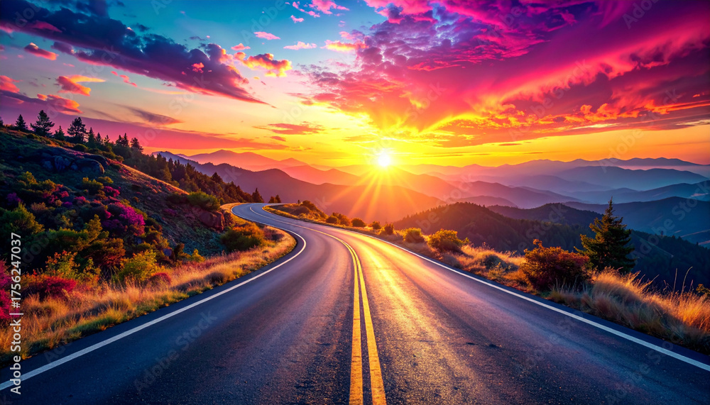 Naklejka premium Winding road through majestic mountains at a vibrant sunset, a breathtaking journey into nature's heart, painted with fiery hues and boundless beauty