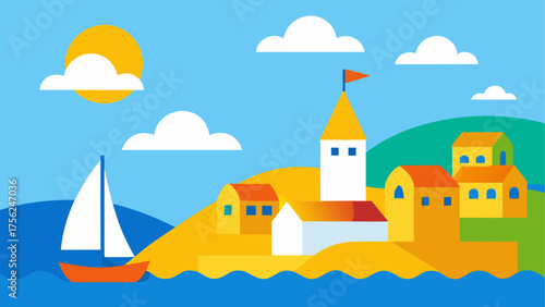 Coastal town with boat and tower scenery