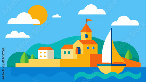 Coastal scene with sailboat and buildings