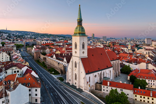 Aerial view of the historic center of the capital of Slovakia - Bratislava with the dominant St. Martin's Cathedral