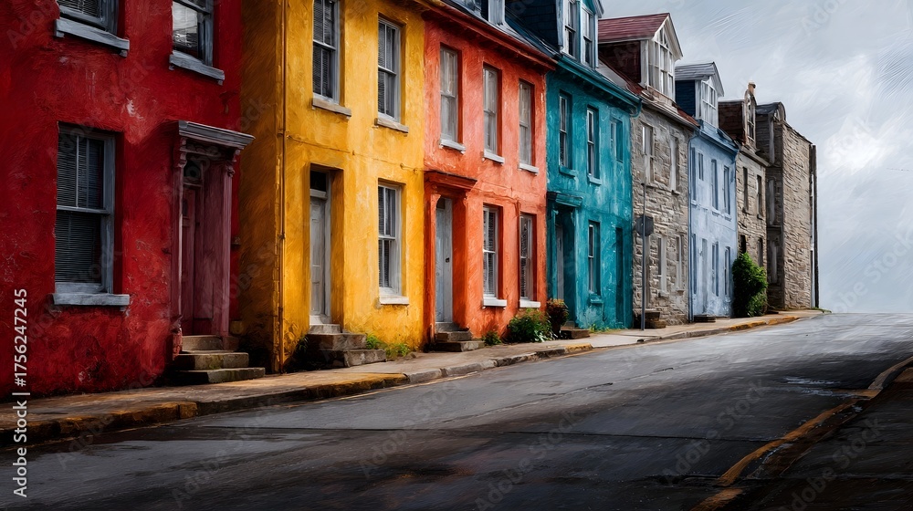 Fototapeta premium A row of brightly colored terraced houses on a sloped street under a cloudy sky showcasing vivid architecture and urban charm