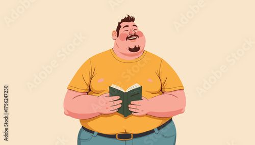 Laughing overweight man holding a book with a cheerful expression on a light background