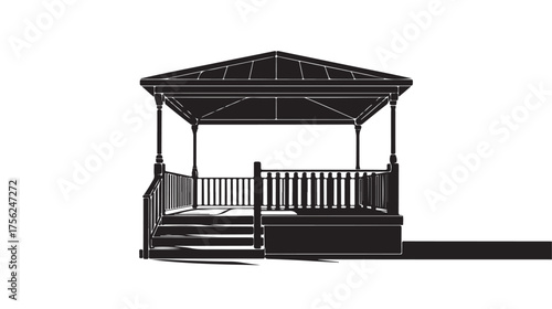 Elegant black silhouette of a classic gazebo with a pitched roof and railing, perfect for architectural designs, park scenes, or decorative elements.