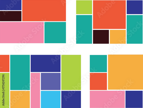 Light mood board mockup horizontal banner. Bento box photo frame collage web layout. Colorful trendy geometric brick layout