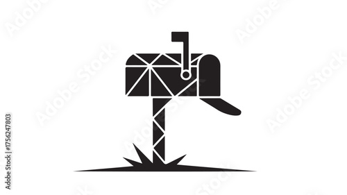 Modern geometric black mailbox with flag raised, standing tall on a post with sharp grass accents, evoking a clean, contemporary feel for home or business communication needs.