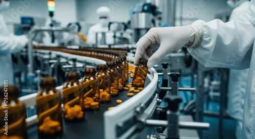 Worker inspecting pill bottles on a pharmaceutical assembly line