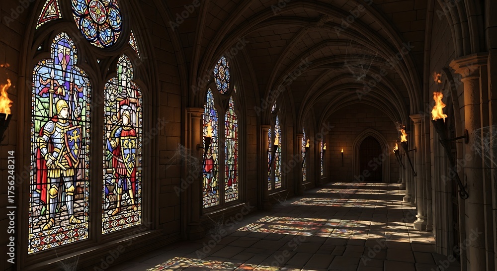 Obraz premium Ancient Gothic Hallway Illuminated by Stained Glass and Fiery Torches.