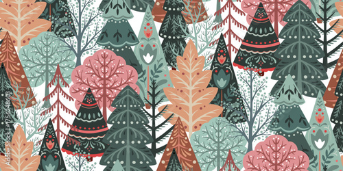 Vector seamless pattern with forest trees, folk ornaments, decorations. Vector endless background of winter Christmas symbols in modern graphic style