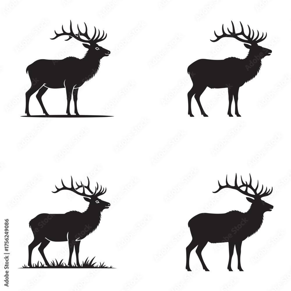 Naklejka premium Collection of american elk wildlife illustrations in silhouette style