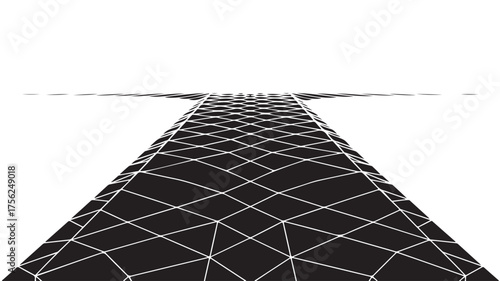 Dynamic abstract road perspective with geometric grid leading towards infinity, representing progress, journey, and future possibilities in a striking black and white design