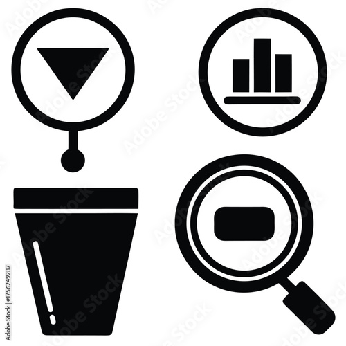Data Analysis and Visualization Icons Showing Filtration Charts and Zoom Out